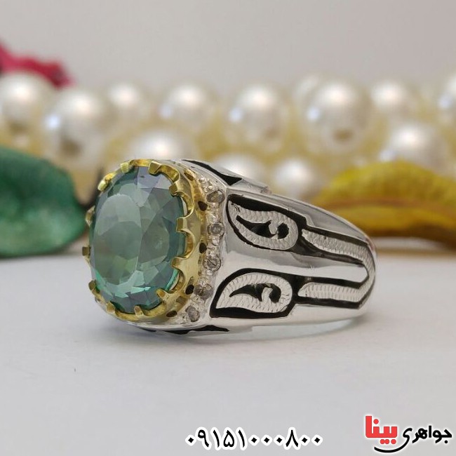 انگشتر توپاز سبز فاخر دور برلیان دست ساز _کد:28162