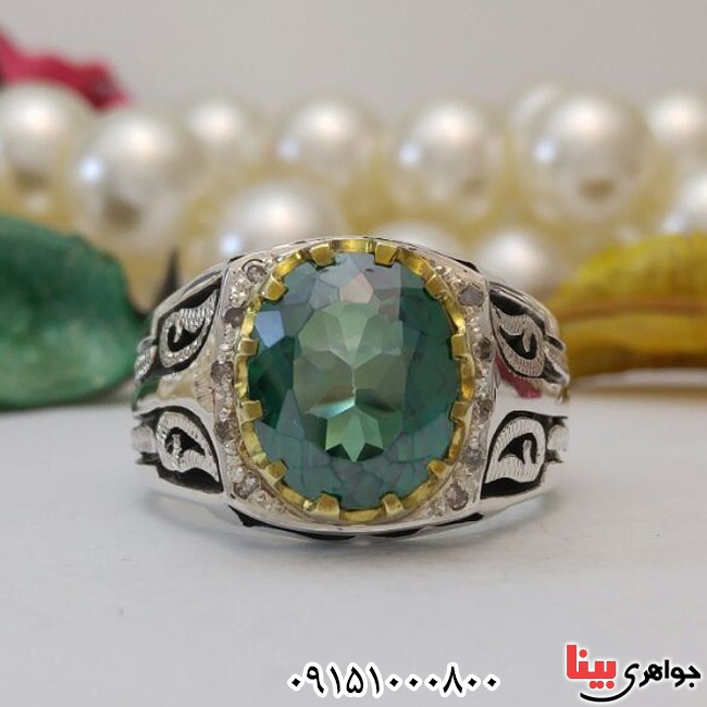 انگشتر توپاز سبز فاخر دور برلیان دست ساز _کد:28162