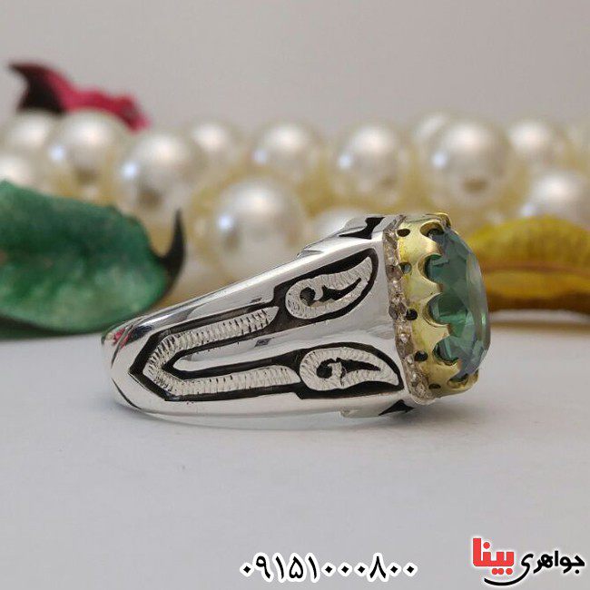 انگشتر توپاز سبز فاخر دور برلیان دست ساز _کد:28162