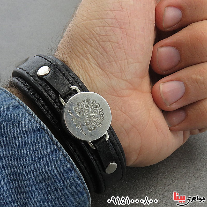 دستبند نقره سفارشی با بندچرمی و همراه با حرز _کد:28352