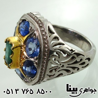 انگشتر چند جواهر زمرد و الماس و یاقوت کبود مردانه فاخر