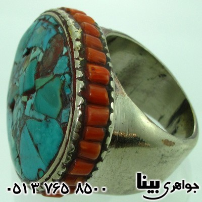 انگشتر فیروزه درشت طرح عتیقه موزائیکی