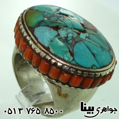 انگشتر فیروزه درشت طرح عتیقه موزائیکی
