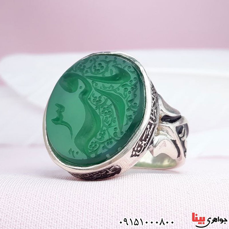 انگشتر عقیق سبز خطی خوشرنگ درشت با حکاکی یا رقیه _کد:29452