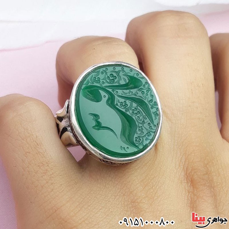 انگشتر عقیق سبز خطی خوشرنگ درشت با حکاکی یا رقیه _کد:29452