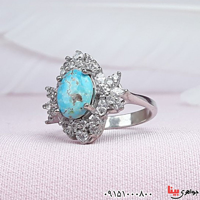 انگشتر فیروزه نیشابوری زنانه رودیوم خوشرنگ _کد:29481