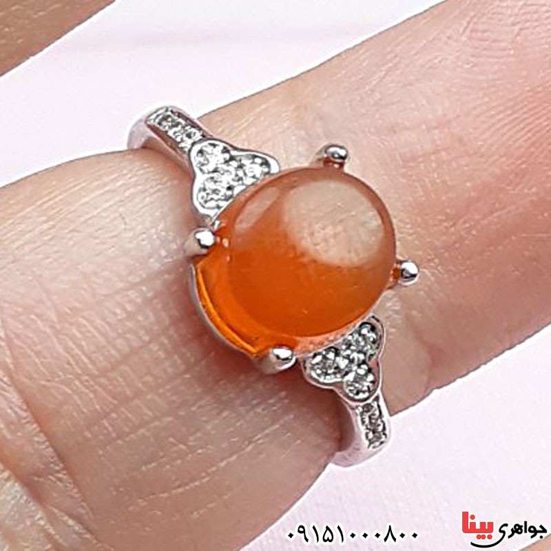 انگشتر عقیق یمنی پرتقالی خاص و خوشرنگ زنانه رودیوم _کد:29562