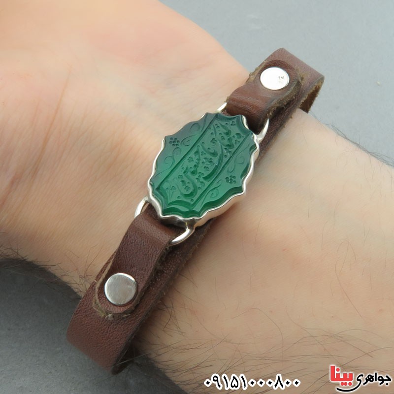 دستبند عقیق سبز خطی با حکاکی لبیک یا حسین _کد:29596