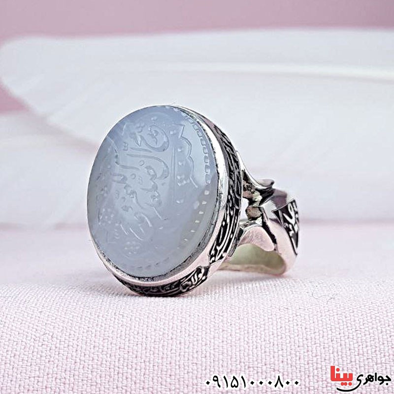 انگشتر عقیق یمنی کبود خطی مردانه درشت و فاخر با حکاکی ذکر صلوات _کد:29657