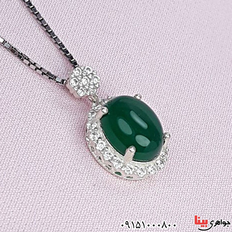گردنبند عقیق سبز رودیوم همراه با زنجیر ونیزی _کد:29660