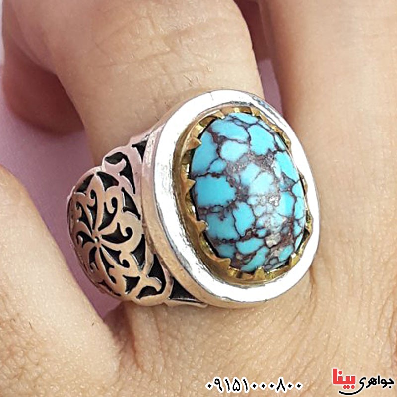 انگشتر فیروزه نیشابور طبیعی و شجری دست ساز فاخر و درشت _کد:29809