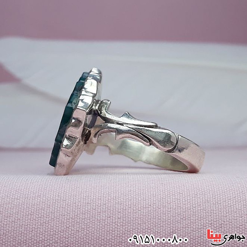 انگشتر عقیق سبز خطی مردانه با حکاکی یا زینب کبری _کد:29983