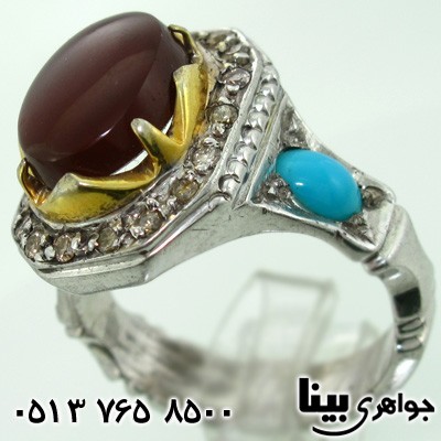 انگشتر چند جواهر عقیق و فیروزه و الماس مردانه فاخر