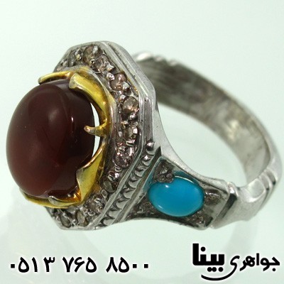 انگشتر چند جواهر عقیق و فیروزه و الماس مردانه فاخر