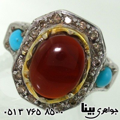 انگشتر چند جواهر عقیق و فیروزه و الماس مردانه فاخر