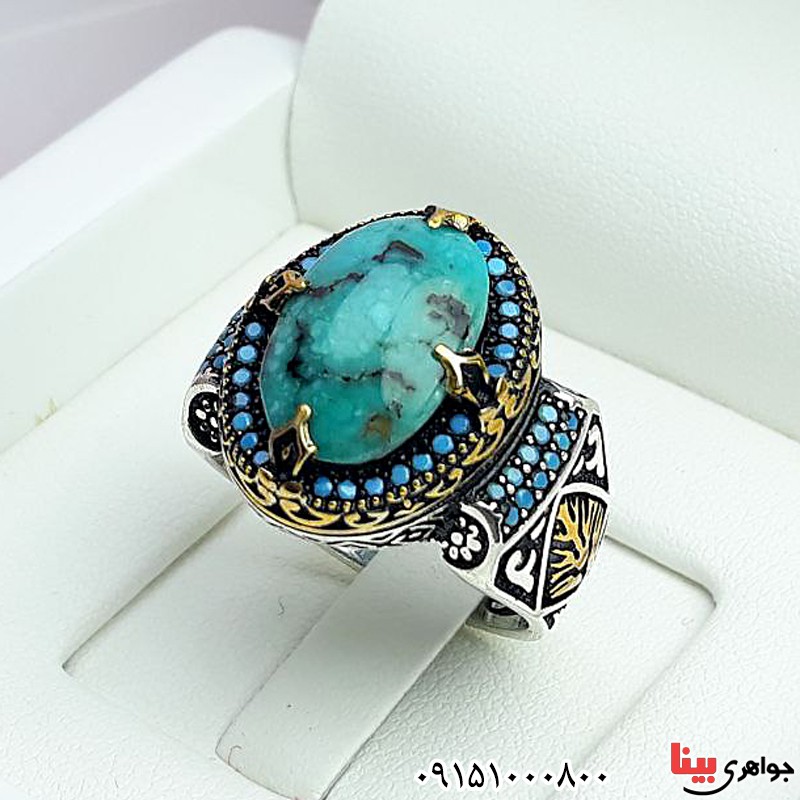 انگشتر فیروزه نیشابوری مردانه با رکابی خاص _کد:30103