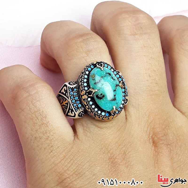 انگشتر فیروزه نیشابوری مردانه با رکابی خاص _کد:30103