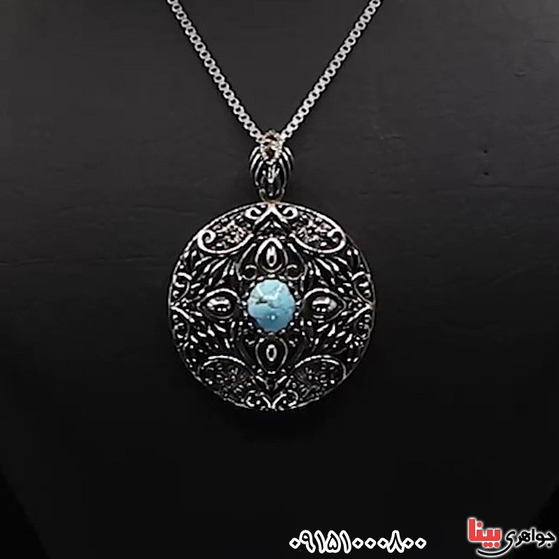 گردنبند فیروزه نیشابوری فاخر رودیوم با مخراج یاقوت سانچی گردنبند فیروزه نیشابوری فاخر رودیوم با مخراج یاقوت سانچی