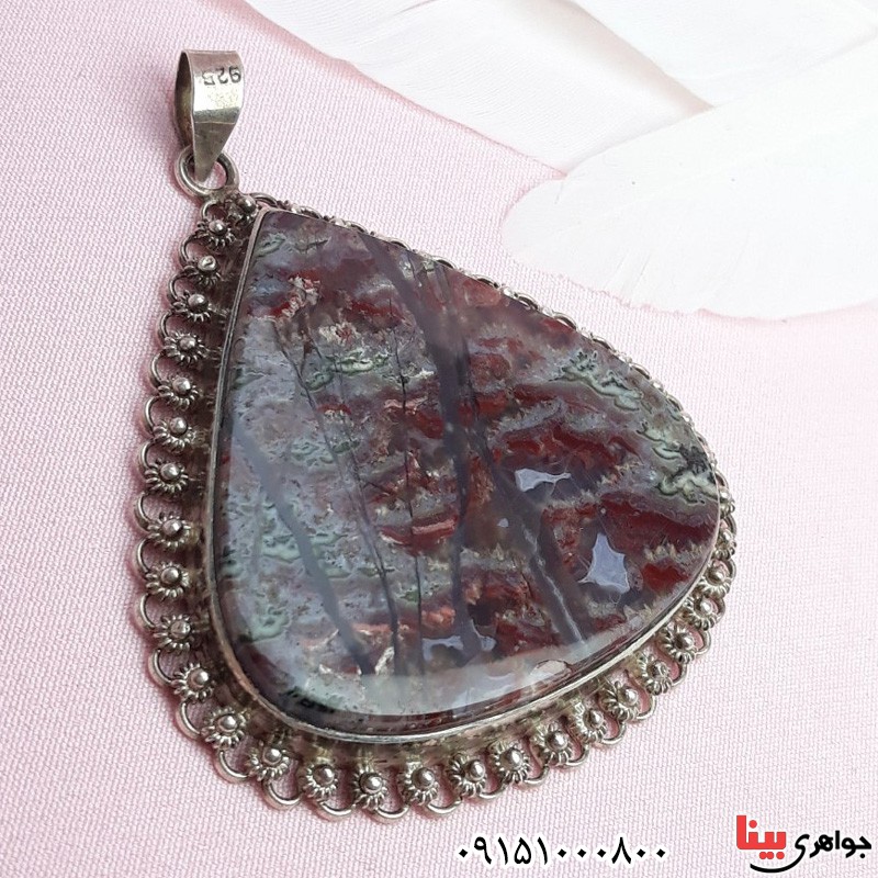 گردنبند عقیق شجری طرح منظره با قاب نقره درشت