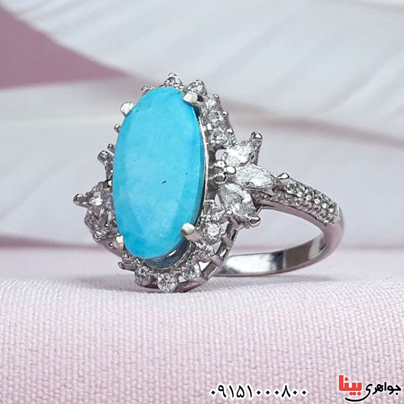 انگشتر فیروزه نیشابوری زنانه رودیوم خوشرنگ و خاص _کد:30383
