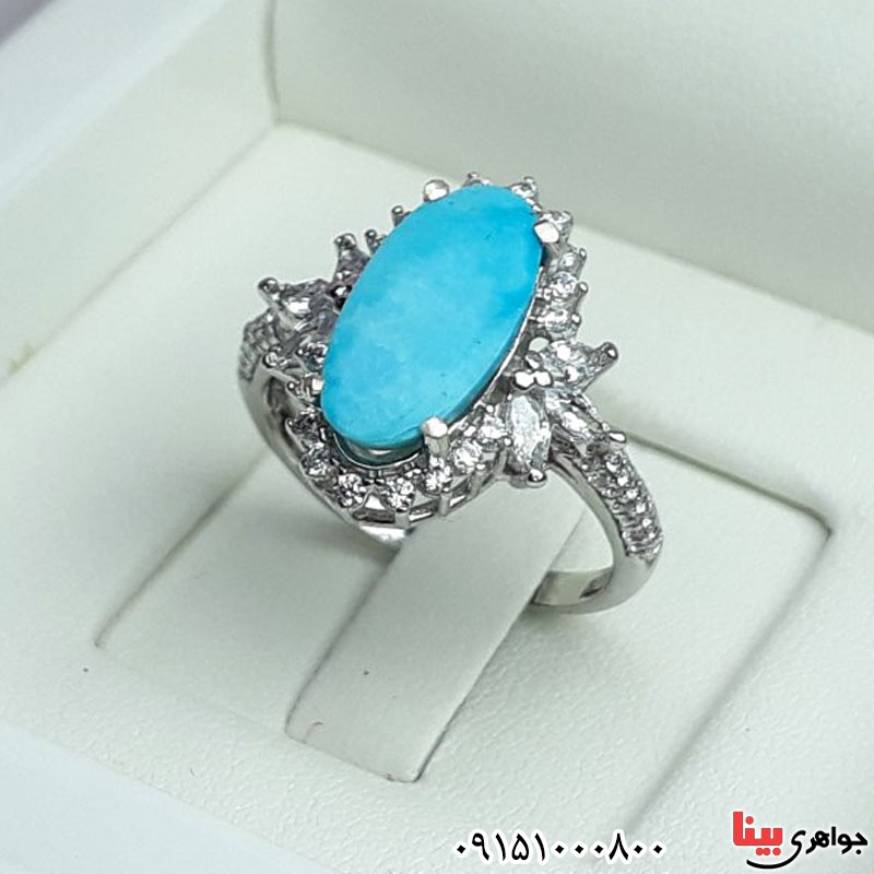 انگشتر فیروزه نیشابوری زنانه رودیوم خوشرنگ و خاص _کد:30383