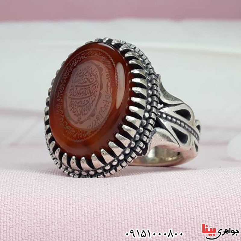انگشتر عقیق یمنی خطی با حکاکی وان یکاد و آیت الکرسی _کد:30522