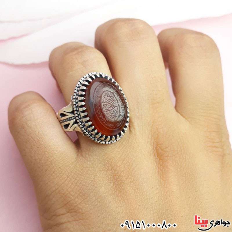 انگشتر عقیق یمنی خطی با حکاکی وان یکاد و آیت الکرسی _کد:30522