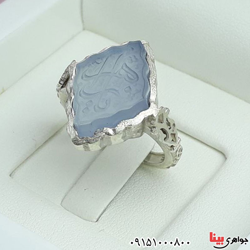 انگشتر عقیق کبود خطی ست با حکاکی یا علی و یا زهرا _کد:30578