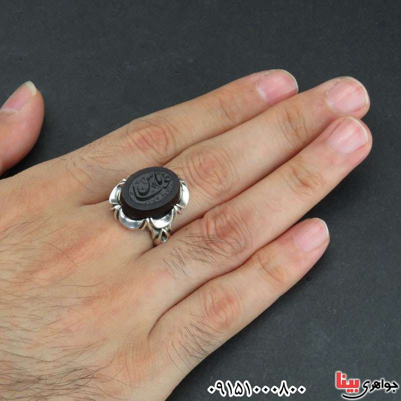 انگشتر عقیق سیاه (اونیکس) خطی خاص با حکاکی یا عباس _کد:30680