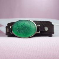 دستبند عقیق سبز خطی حرز دار با حکاکی حسن بن علی (مجتبی) 