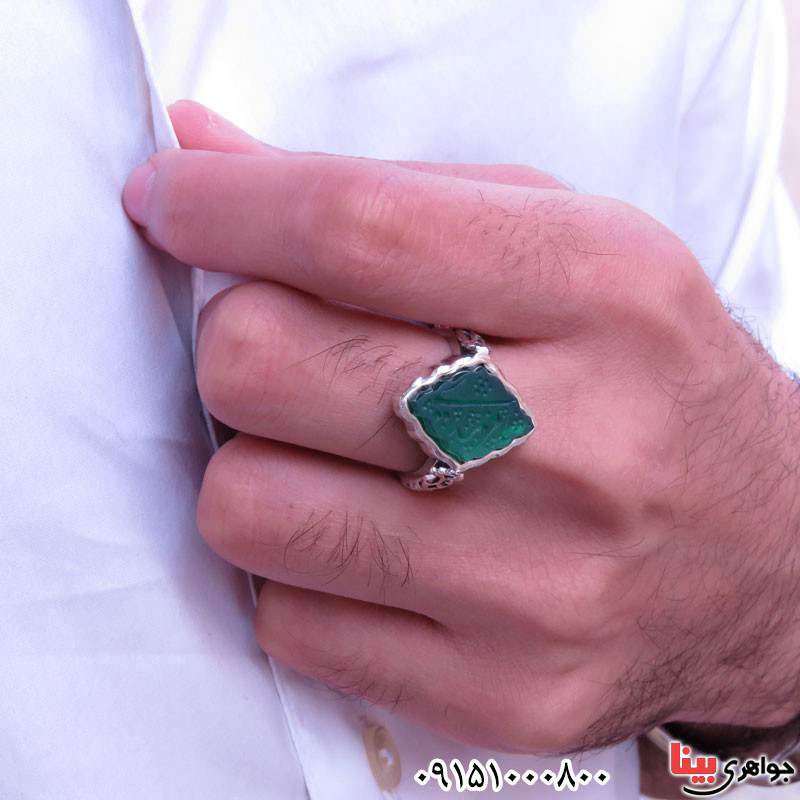 انگشتر عقیق سبز خطی خوشرنگ با حکاکی یا مهدی _کد:30943