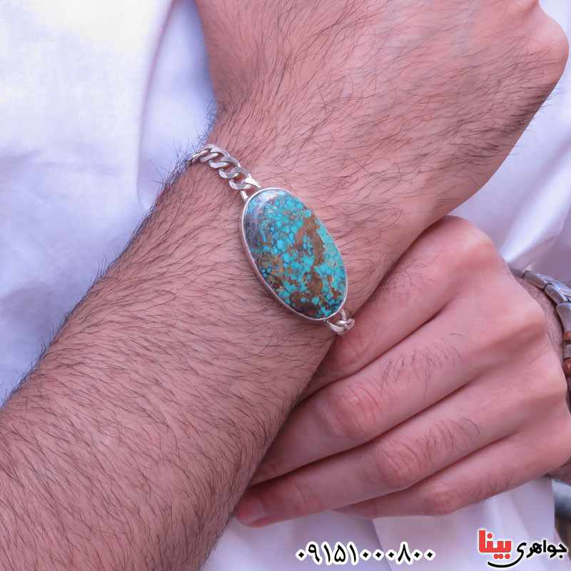 دستبند فیروزه نیشابوری درشت فاخر با زنجیر کارتیر _کد:30952