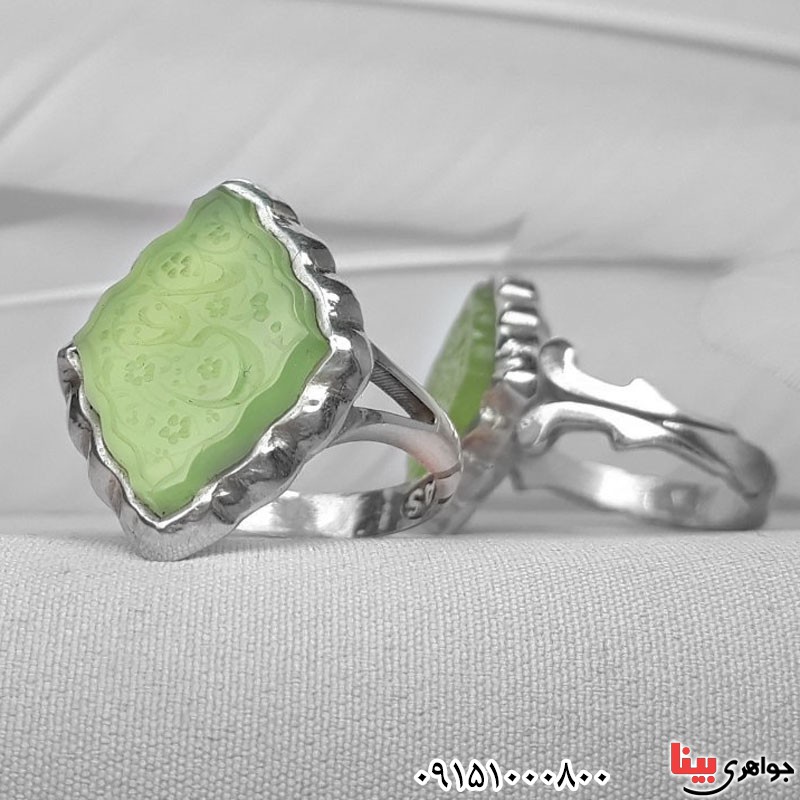 انگشتر عقیق سبز خطی ست با حکاکی یا علی و یا زهرا _کد:31041