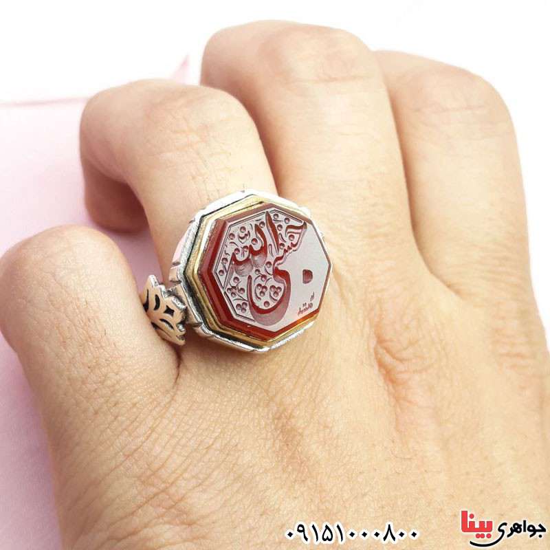 انگشتر عقیق یمنی سرخ خطی با حکاکی حسبی الله _کد:31047