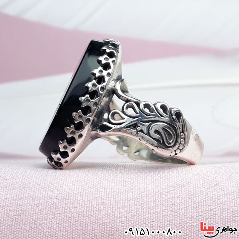 انگشتر عقیق سیاه (اونیکس) خطی با حکاکی عین علی و آیت الکرسی _کد:31337
