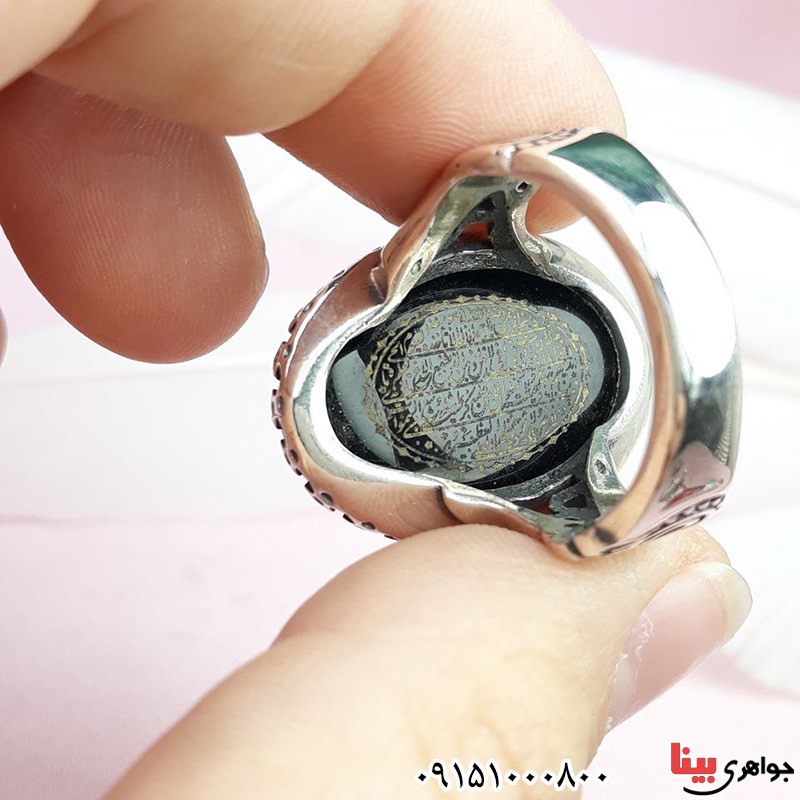 انگشتر عقیق سیاه (اونیکس) خطی با حکاکی عین علی و آیت الکرسی _کد:31337