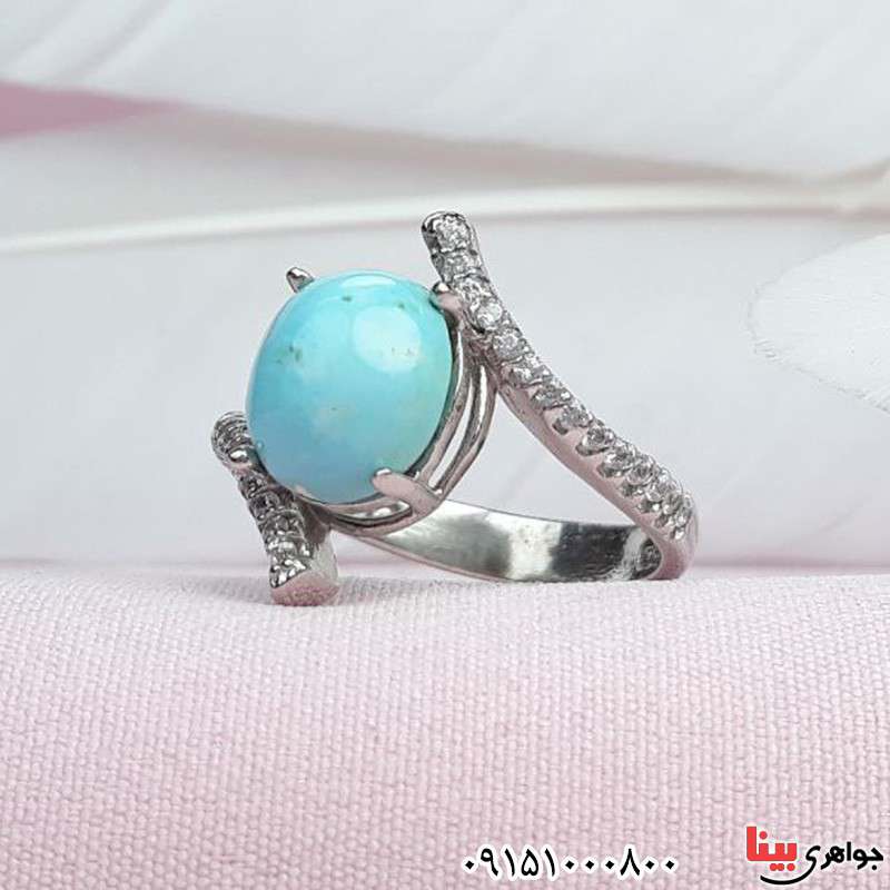 انگشتر فیروزه نیشابوری خوشرنگ و شیک رودیوم _کد:31453