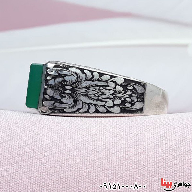 انگشتر عقیق سبز خطی با حکاکی زیبای حسبی الله _کد:31619