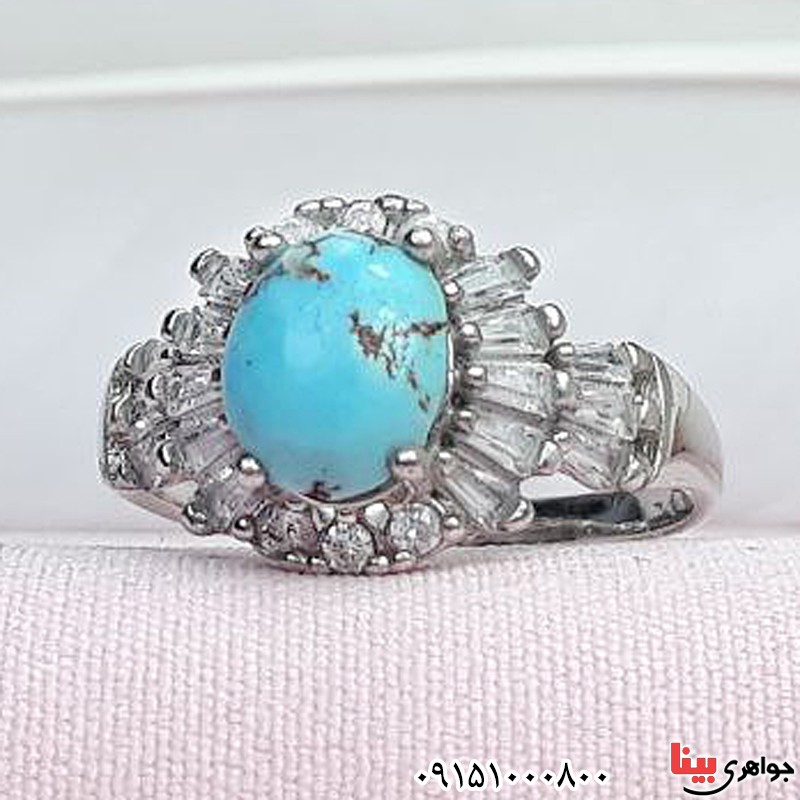انگشتر فیروزه نیشابوری زنانه رودیوم _کد:31813