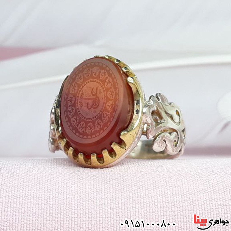 انگشتر عقیق یمنی خطی با حکاکی عین علی و 14 معصوم _کد:31923