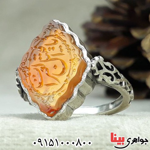انگشتر عقیق یمنی پرتقالی خطی با حکاکی یا قتیل العبرات _کد:32806