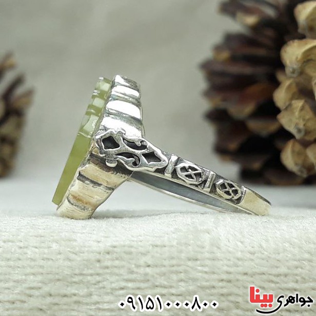 انگشتر عقیق سبز کاهویی خطی با حکاکی یا زهرا زیبا _کد:32807