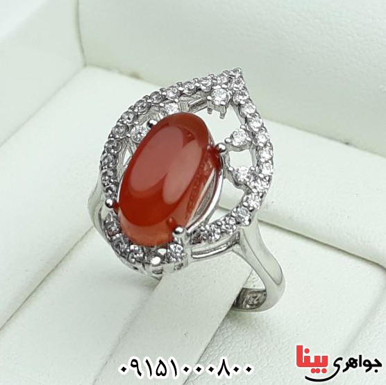 انگشتر عقیق یمنی سرخ رودیوم خوشرنگ و خاص زنانه _کد:32842