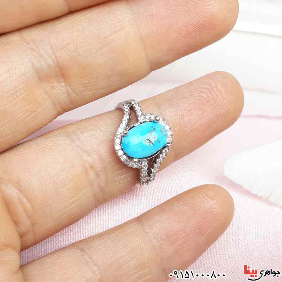 انگشتر فیروزه نیشابوری رودیوم خاص و خوشرنگ _کد:32850