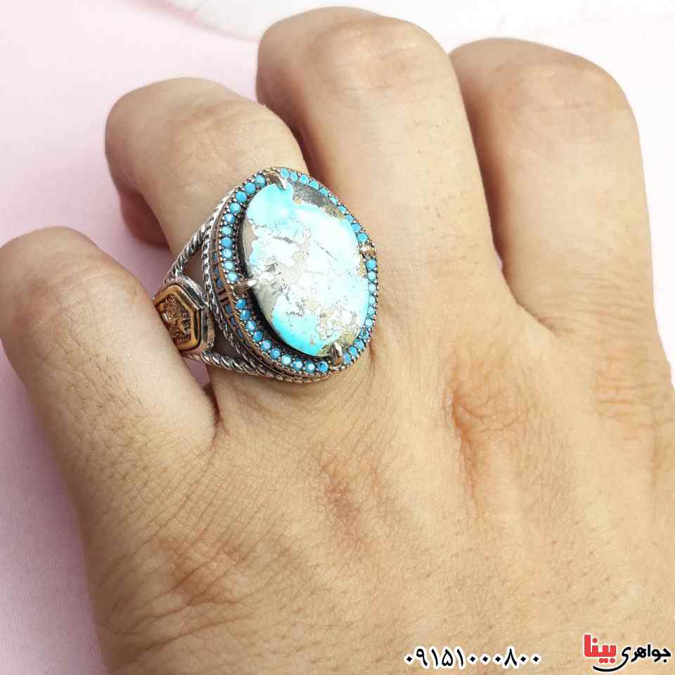 انگشتر فیروزه نیشابوری برنج کاری شده بسیار زیبا _کد:33044