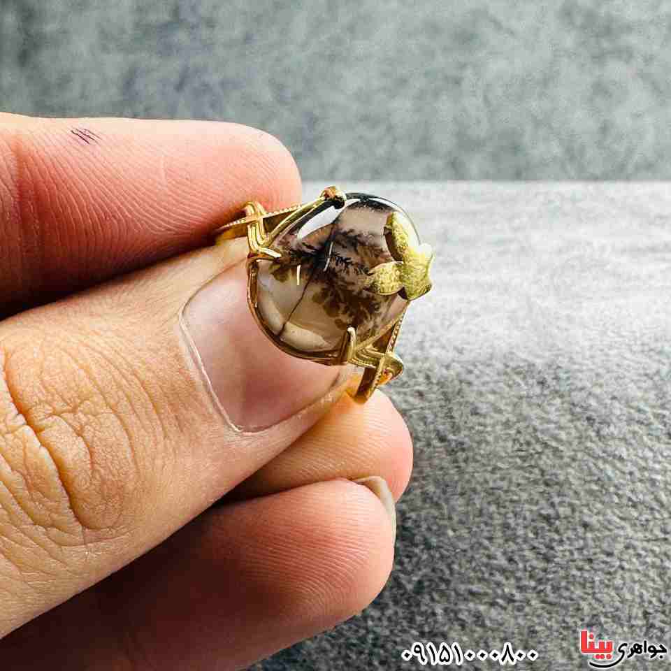 انگشتر عقیق شجری بسیار زیبا با آبکاری طلایی خوشرنگ _کد:33176