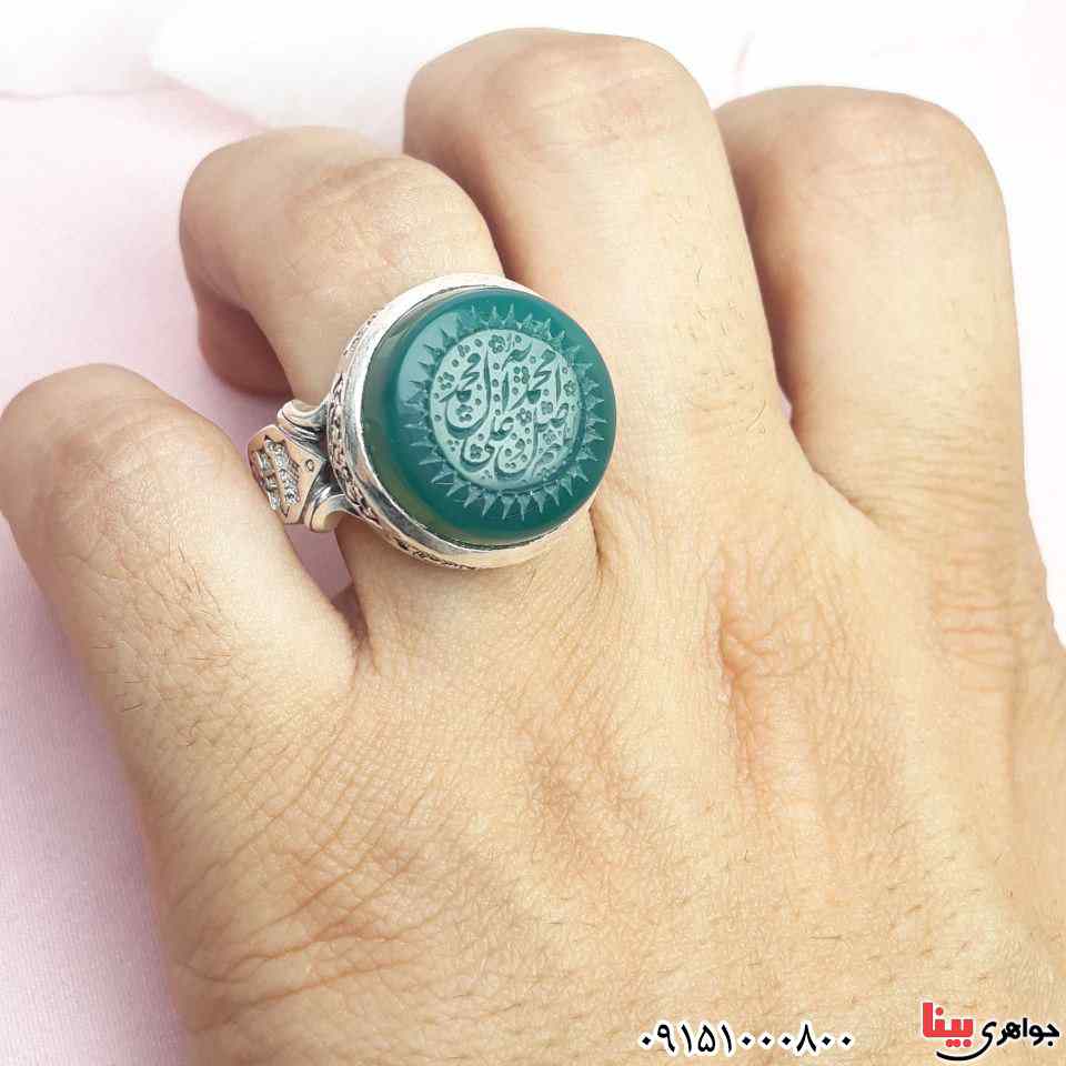 انگشتر عقیق سبز خطی خاص و زیبا با حکاکی صلوات _کد:33288