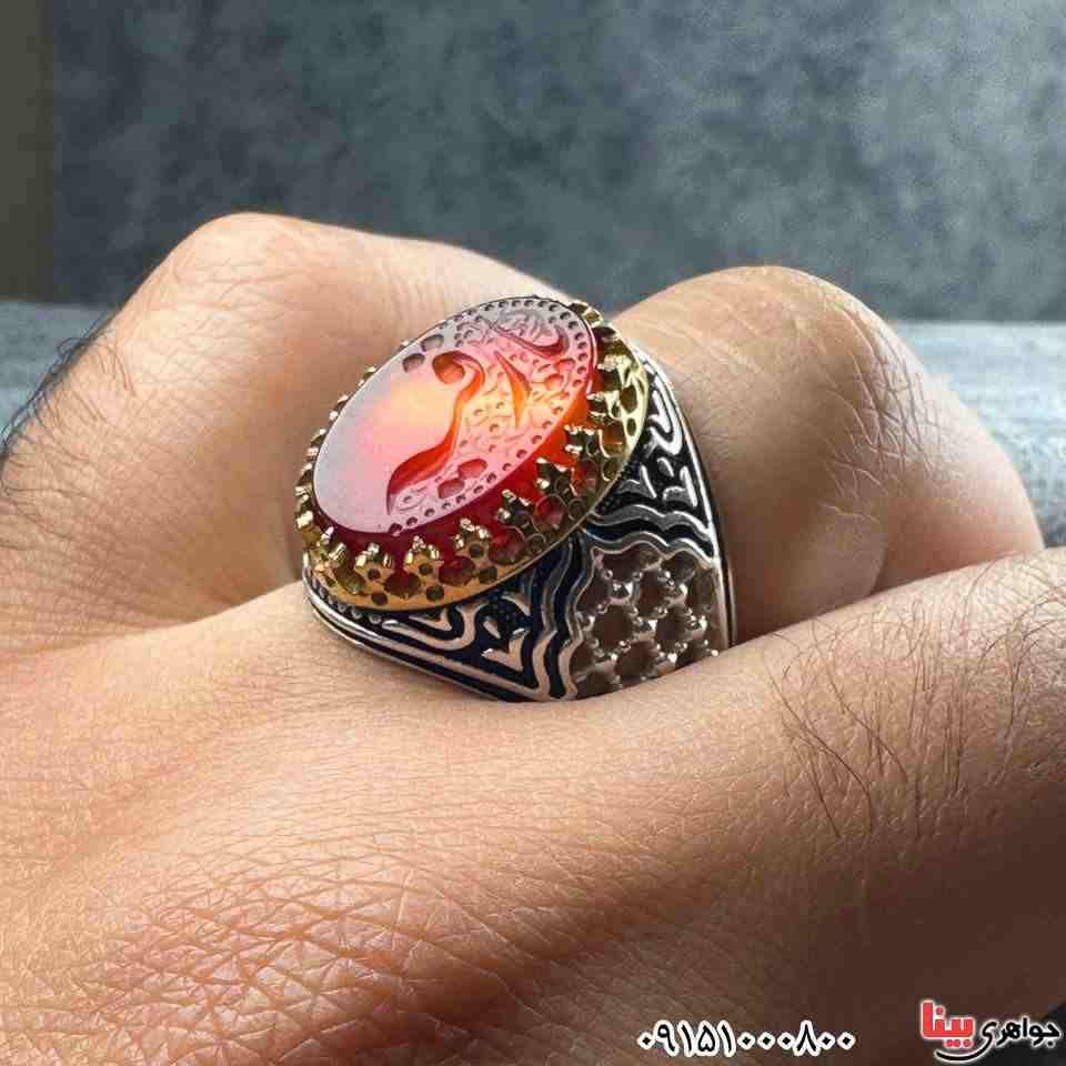 انگشتر عقیق ست زیبا خطی دو رنگ با حکاکی یا رقیه _کد:33423