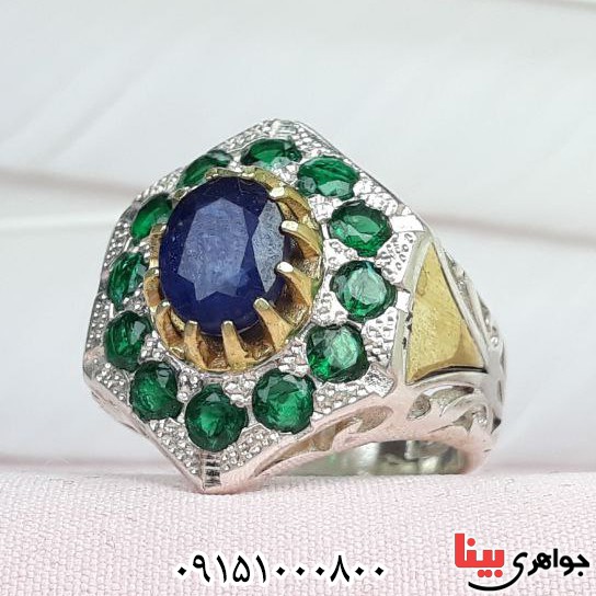 انگشتر یاقوت کبود کبود مردانه زیبا و جذاب مخراج کاری شده _کد:33437