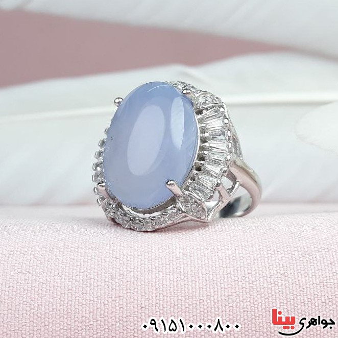 انگشتر عقیق یمنی کبود خوشرنگ رودیوم زنانه _کد:33496